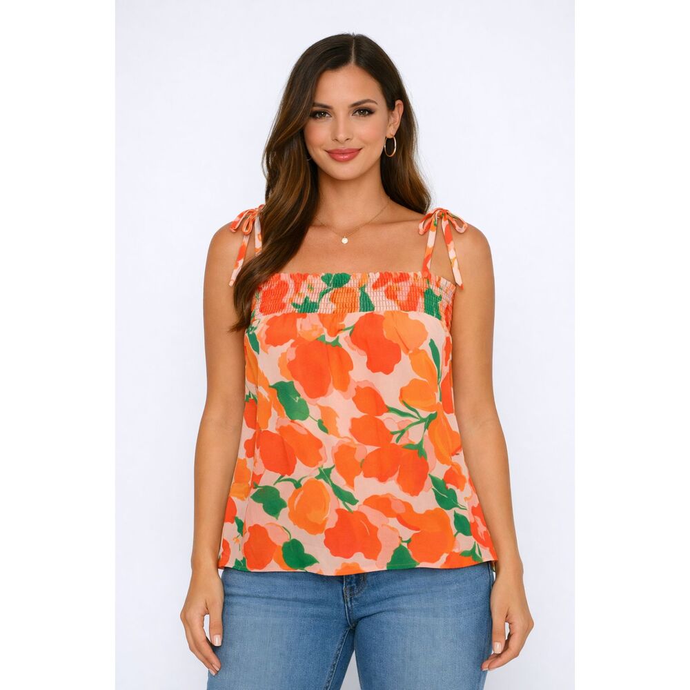 Sunset Bloom Smocked Tie‑Strap Top